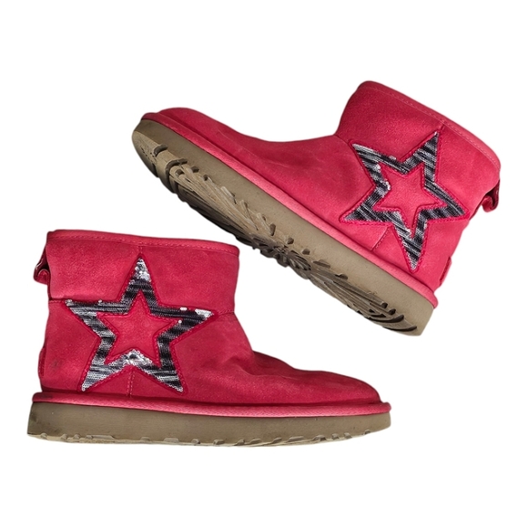 UGG Classic Mini Star Ribbon Red Boots Womens Size 5 Suede Sequins Shearling - Picture 1 of 8